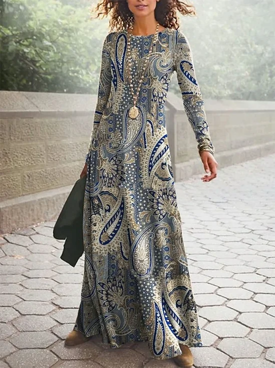 Femmes Motif Cachemire Comme Image Col Rond Confortable Robe Maxi Décontracté