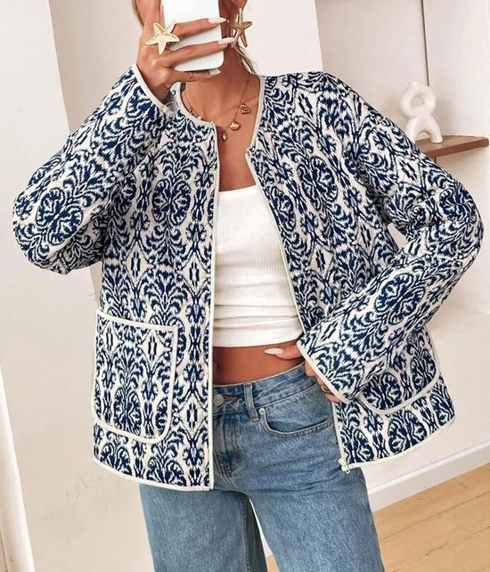 Micro-élasticité Col Montant Manches Longues Régulier Géométrique Blouson pour Femmes