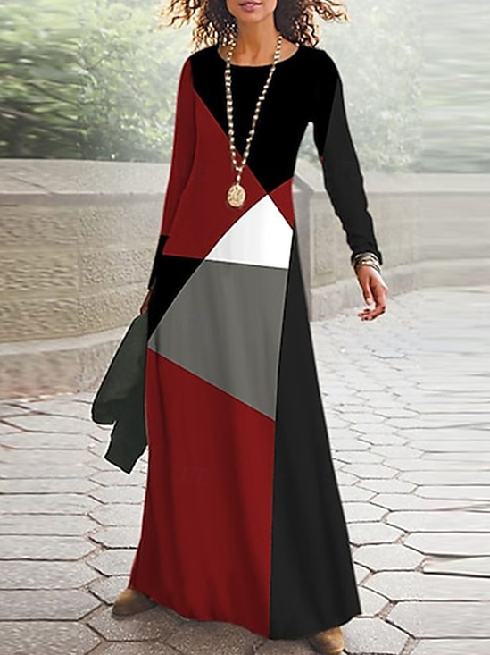 Femmes Géométrique Comme Image Col Rond Confortable Robe Maxi Décontracté