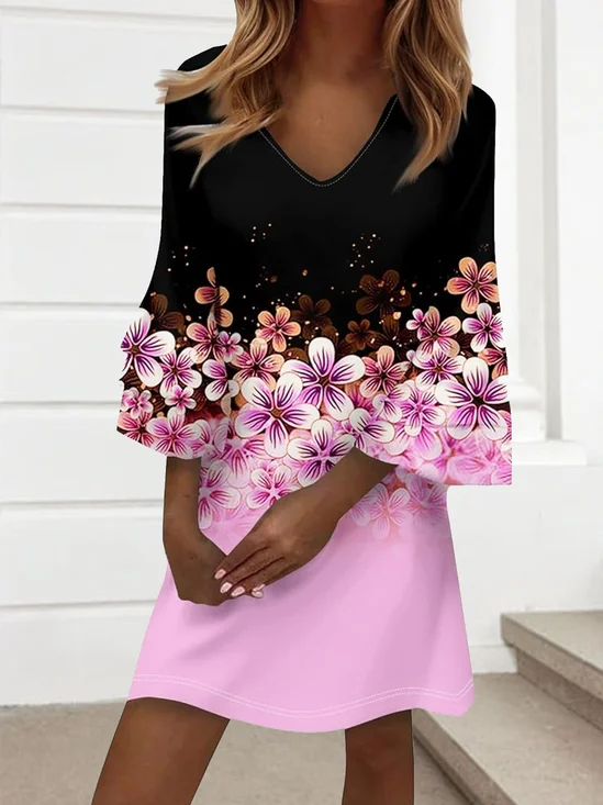 Femmes Floral Comme Image Col V Confortable Robe Mi-Longue Décontracté