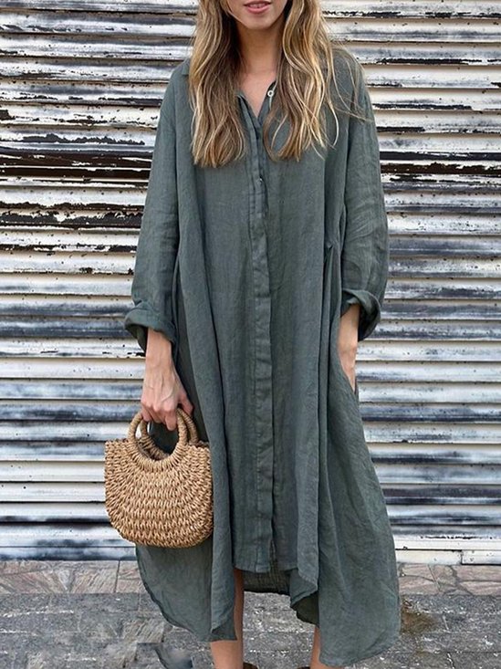 Femmes Plain Vert Foncé Col de Chemise Confortable Robe Mi-Longue Décontracté