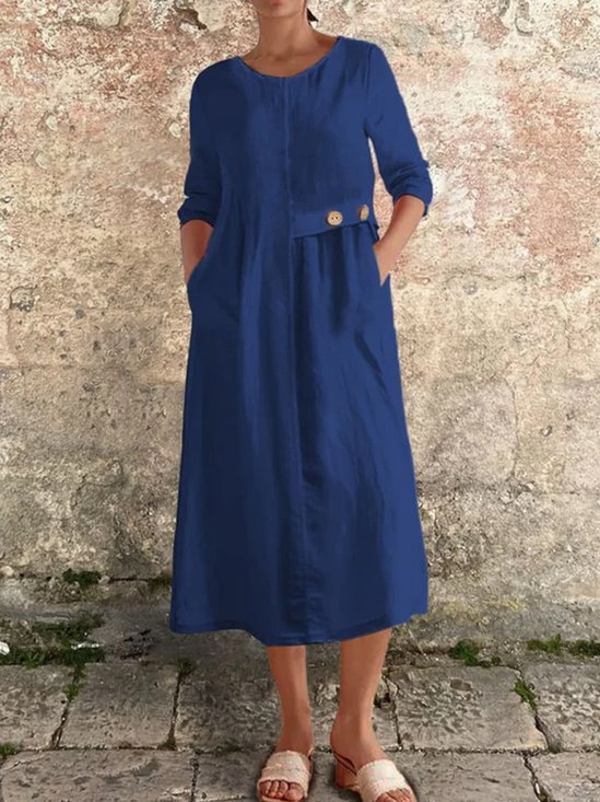 Femmes Plain Blanc Col Rond Confortable Boutonné Robe Mi-Longue Décontracté