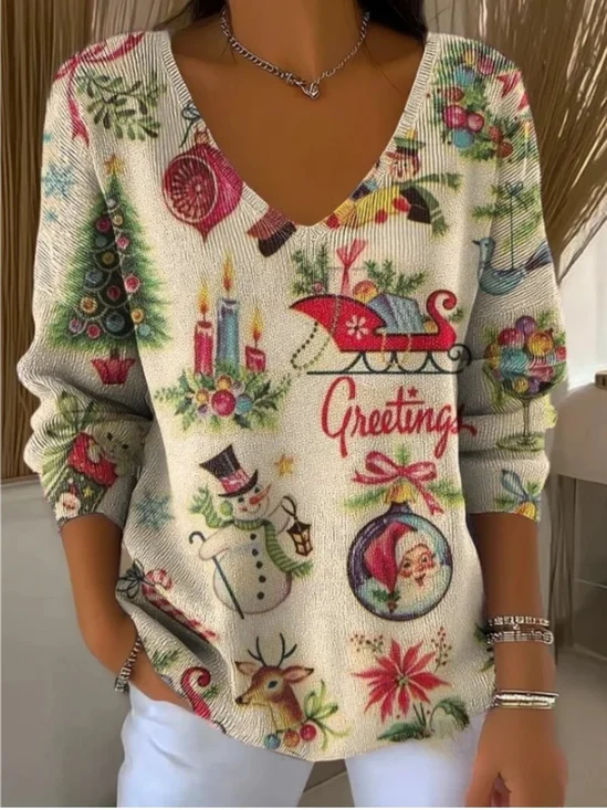 Pulls Décontracté Printemps / Automne Bonhomme de Neige de Noël Col V Quotidien Coupe Régulière Manches Longues Régulier Trapèze pour Femmes
