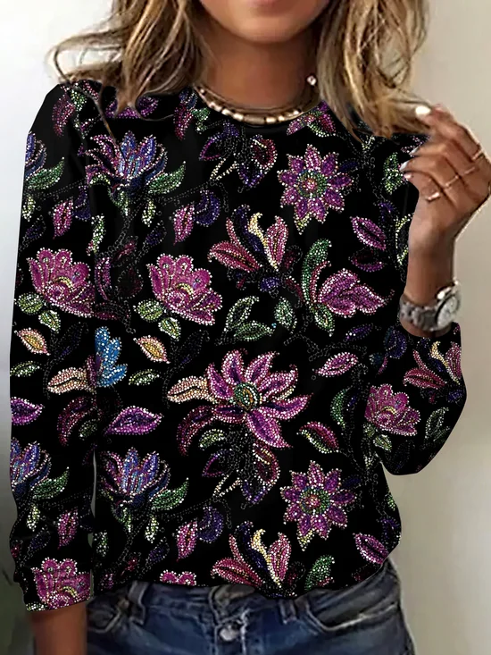 T-shirts Décontracté Floral Printemps / Automne Polyester Micro-élasticité Quotidien Col Rond Trapèze Régulier pour Femmes