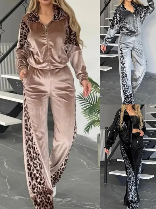 Deux Pièces Ensembles Femmes Élégant Motif Léopard Printemps / Automne Polyester Joint Fendu Manches Longues Col Rond Top Avec Pantalons Droit