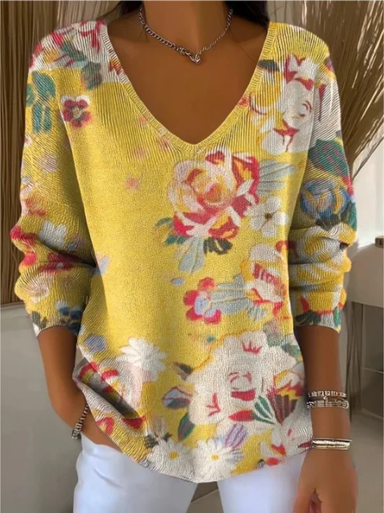 Pulls Femmes Décontracté Floral Printemps / Automne Coton Col V Micro-élasticité Coupe Régulière Manches Longues Régulier