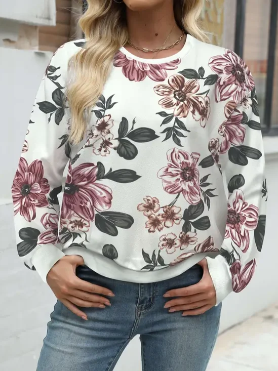 Sweat-shirts Décontracté Floral Printemps / Automne Naturel Ample Manches Longues Col Rond Régulier Régulier pour Femmes