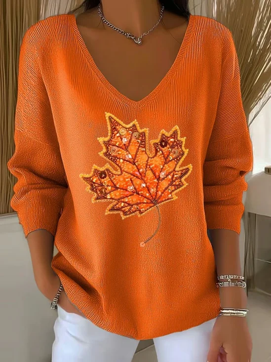 Pulls Décontracté Printemps / Automne Feuille d'Érable Polyester Col V Quotidien Coupe Régulière Manches Longues Trapèze pour Femmes