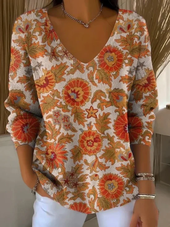 Pulls Femmes Décontracté Plantes Printemps / Automne Polyester Col V Quotidien Coupe Régulière Manches Longues Régulier
