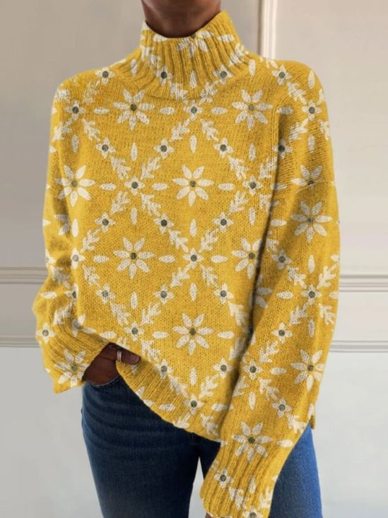 Pulls Femmes Décontracté Floral Printemps / Automne Polyester Micro-élasticité Domestique Coupe Régulière Col Roulé Régulier
