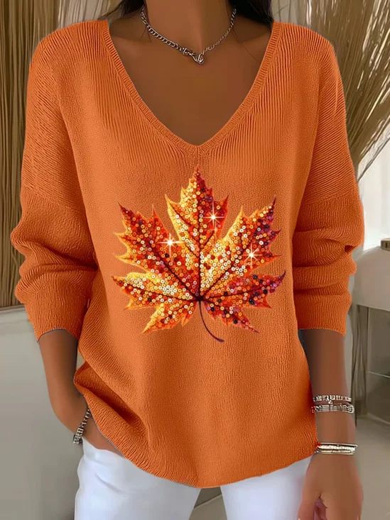 Pulls Décontracté Printemps / Automne Feuille d'Érable Col V Micro-élasticité Quotidien Coupe Régulière Manches Longues Régulier pour Femmes