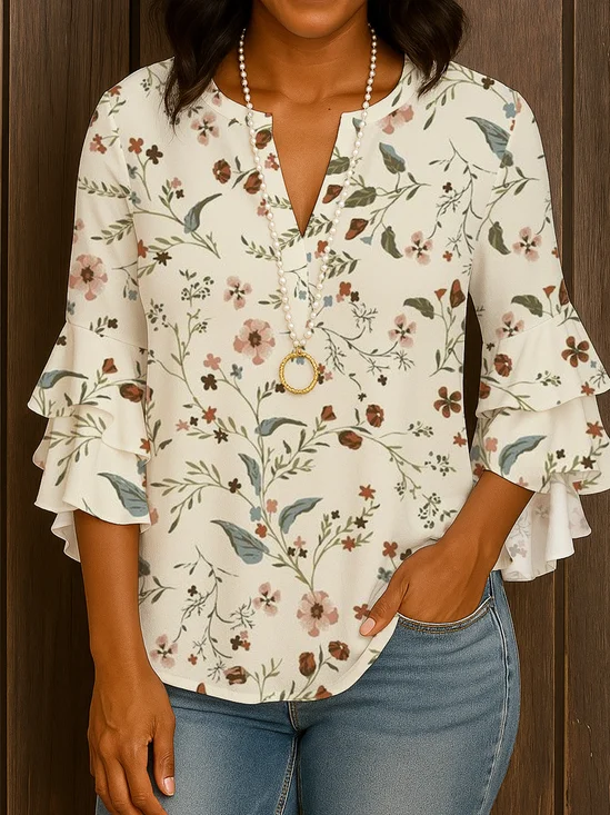 Chemises Femmes Décontracté Floral Printemps / Automne Col V Micro-élasticité Quotidien Coupe Régulière Manches Longues Régulier