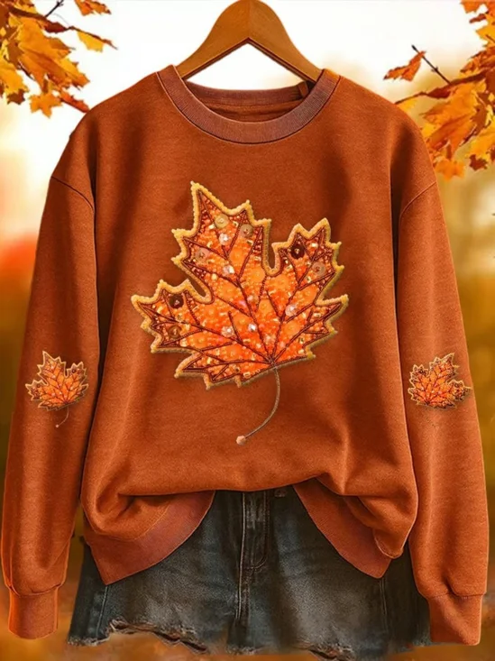 Sweat-shirts Rétro Printemps / Automne Feuille d'Érable Coton Micro-élasticité Vacances Manches Longues Col Rond Régulier pour Femmes