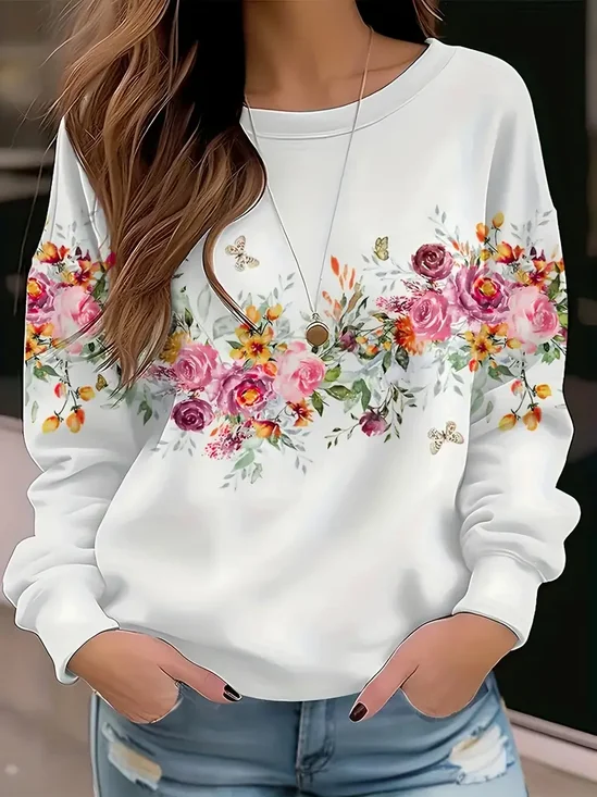 Sweat-shirts Femmes Décontracté Floral Printemps / Automne Polyester Naturel Aucune élasticité Quotidien Col Rond Régulier
