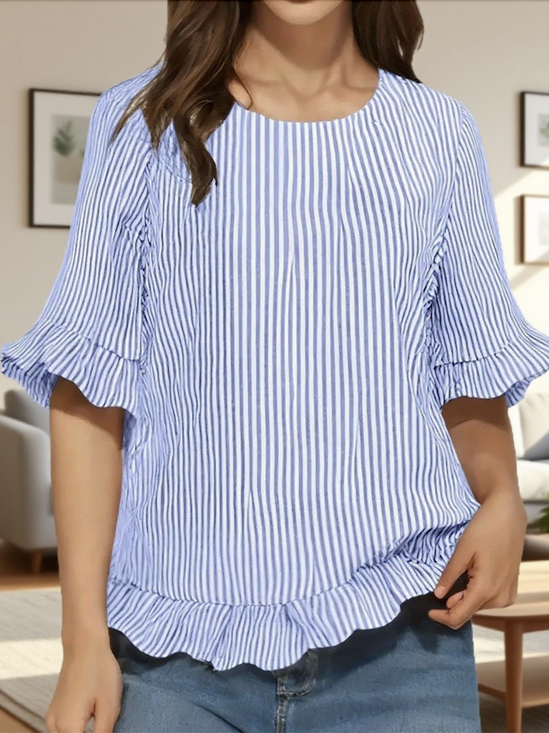 Chemises Femmes Rayé Décontracté Été Polyester Quotidien Manches Courtes Col Rond Trapèze Régulier