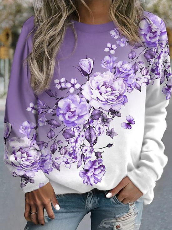 Sweat-shirts Femmes Décontracté Floral Printemps / Automne Polyester Imprimé Aucune élasticité Manches Longues Col Rond Régulier
