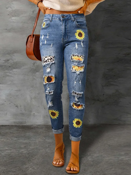 Jeans Femme Féminin Floral Printemps / Automne Coton Joint Fendu Serré Long Trapèze Régulier