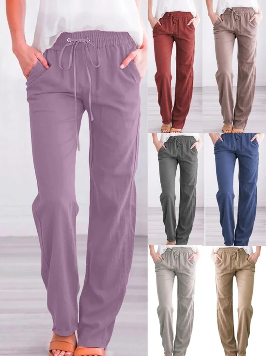 Pantalons Simple Plain Printemps / Automne Coton Naturel Micro-élasticité Pantalon droit Long Régulier pour Femmes