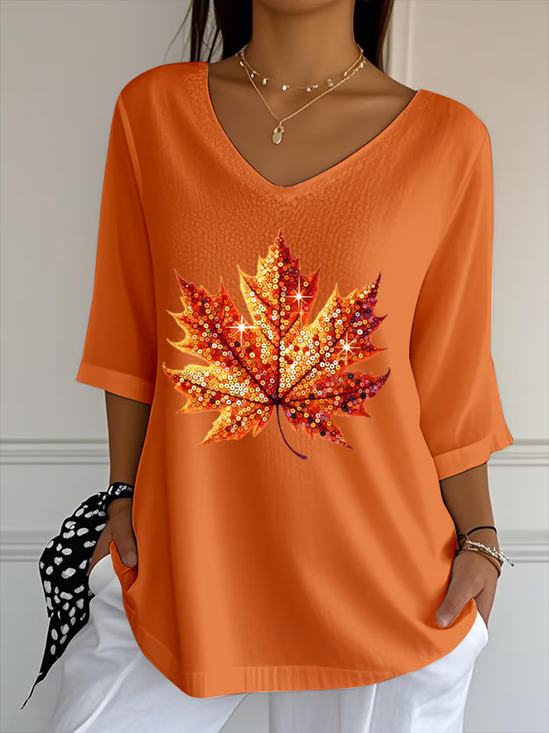 T-shirts Décontracté Printemps / Automne Feuille d'Érable Polyester Col V Imprimé Quotidien Régulier Ligne T pour Femmes
