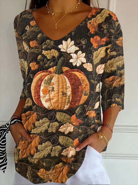 T-shirts Décontracté Toussaint (citrouille) Printemps / Automne Polyester Col V Imprimé Micro-élasticité Quotidien Manches trois quarts pour Femmes