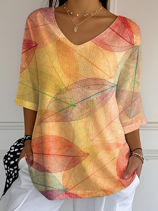 T-shirts Décontracté Printemps / Automne Feuille Polyester Col V Quotidien Ample Ligne T Régulier pour Femmes