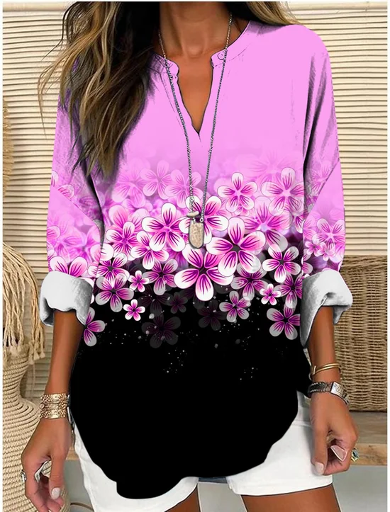 Blouses Simple Floral Été Coton Quotidien Demi Manche Col Châle Droit Régulier pour Femmes