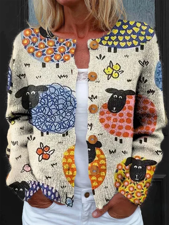 Cardigans Femmes Rétro Imprimé d'Animal Printemps / Automne Micro-élasticité Faire la navette Col Rond Régulier Droit Régulier