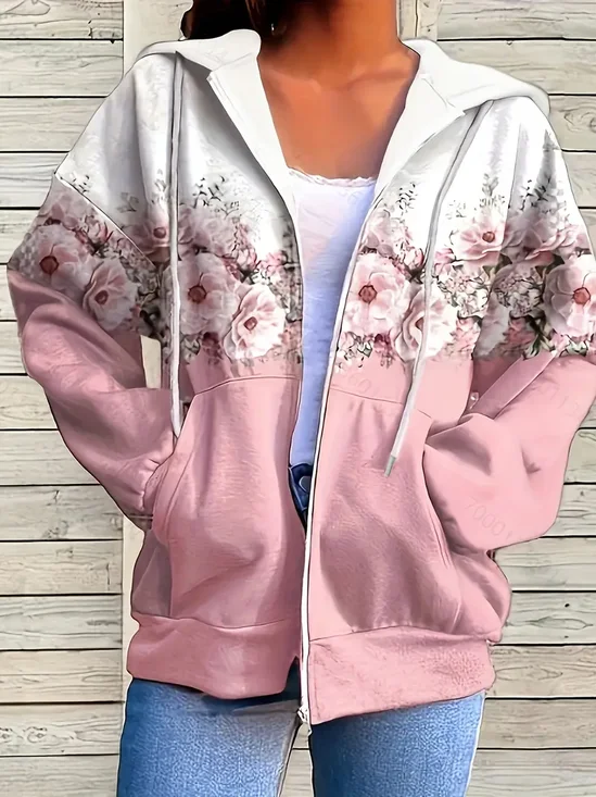 Micro-élasticité Sweat-shirt à Capuche Manches Longues Régulier Floral Sweat à capuche zippé Blouson Imprimé pour Femmes