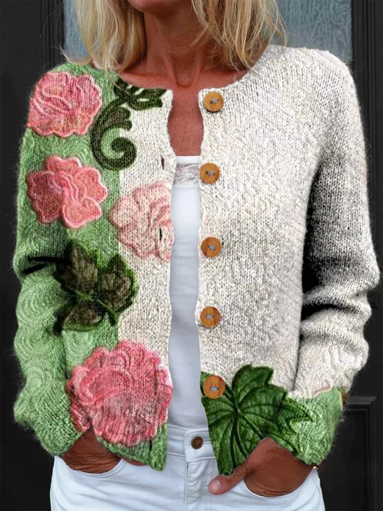 Cardigans Ethnique Floral Printemps / Automne Micro-élasticité Ample Boutons Manches Longues Droit Régulier pour Femmes