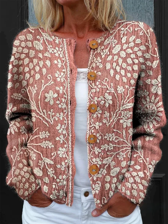 Cardigans Décontracté Floral Printemps / Automne Tricoté Micro-élasticité Faire la navette Ample Manches Longues Droit pour Femmes