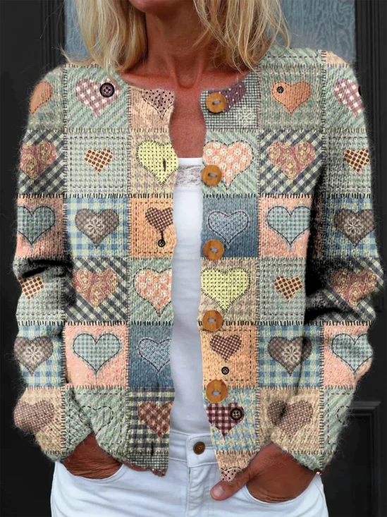 Cardigans Géométrique Paysan Printemps / Automne Tricoté Micro-élasticité Journée Ample Col Rond Régulier pour Femmes