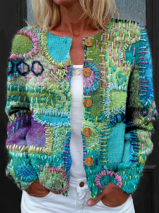 Cardigans Géométrique Paysan Printemps / Automne Micro-élasticité Ample Manches Longues Régulier Droit Régulier pour Femmes