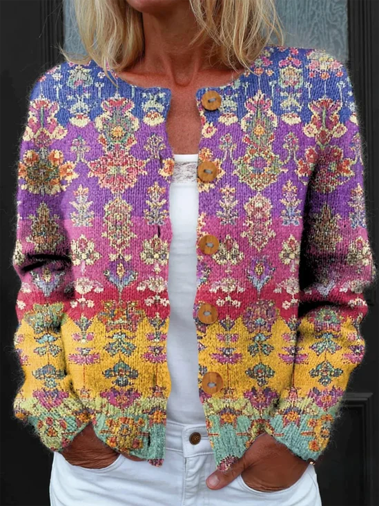 Cardigans Géométrique Décontracté Printemps / Automne Tricoté Micro-élasticité Sortie Manches Longues Droit Régulier pour Femmes