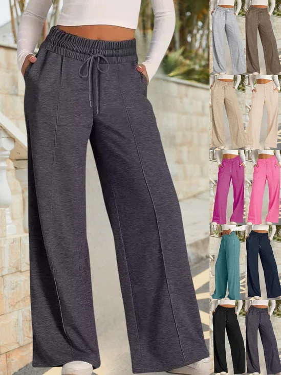 Pantalons Basique Plain Printemps / Automne Joint Fendu Naturel Quotidien Taille Élastique Pantalons à Jambe Large Régulier pour Femmes