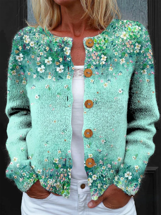 Cardigans Décontracté Motif dégradé Printemps / Automne Vacances Ample Boutons Col Rond Droit Régulier pour Femmes