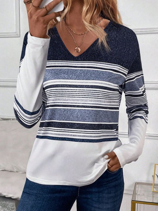 Femmes Rayé Bleu Col Rond Confortable Mini Robe Décontracté