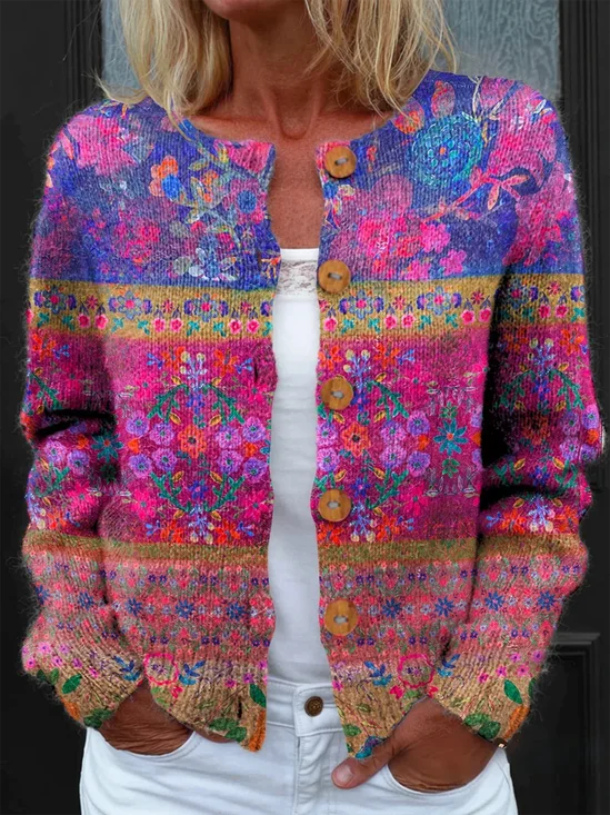 Cardigans Multicolore Bloc Rétro Printemps / Automne Micro-élasticité Sortie Ample Manches Longues Col Rond Régulier pour Femmes