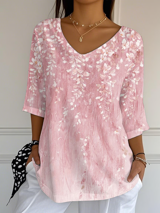 T-shirts Décontracté Floral Printemps / Automne Polyester Col V Quotidien Manches trois quarts Régulier Régulier pour Femmes