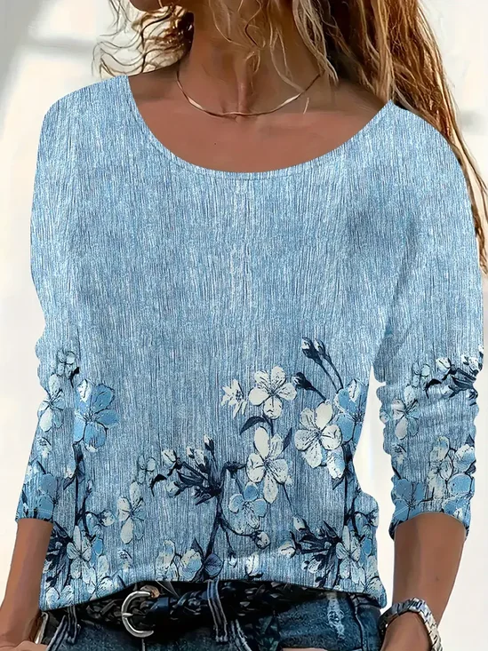 T-shirts Femmes Décontracté Floral Printemps / Automne Imprimé Micro-élasticité Quotidien Jersey Col Rond Droit