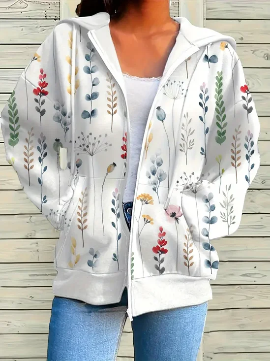 Micro-élasticité Sweat-shirt à Capuche Manches Longues Régulier Floral Sweat à capuche zippé Blouson Imprimé pour Femmes