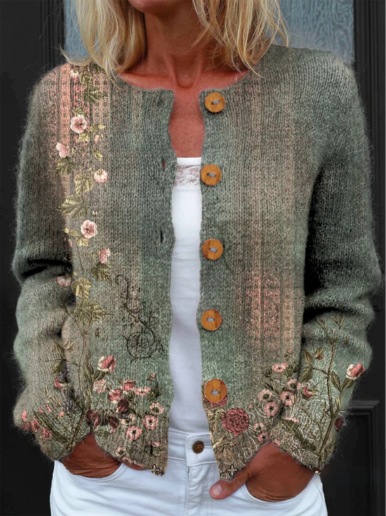 Cardigans Floral Rétro Printemps / Automne Tricoté Micro-élasticité Journée Boutons Manches Longues Droit pour Femmes