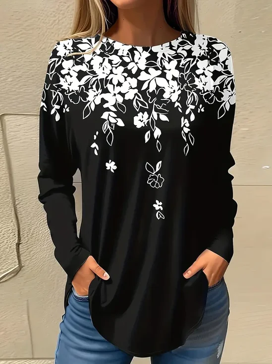 T-shirts Femmes Décontracté Floral Printemps / Automne Imprimé Micro-élasticité Ample Jersey Manches Longues Régulier