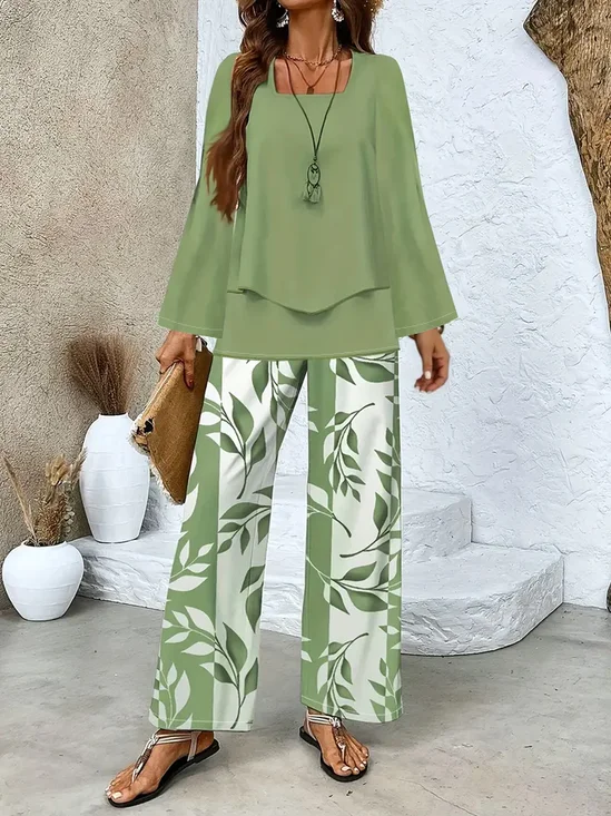Deux Pièces Ensembles Simple Floral Printemps / Automne Col Carré Imprimé Naturel Quotidien Top Avec Pantalons Régulier pour Femmes