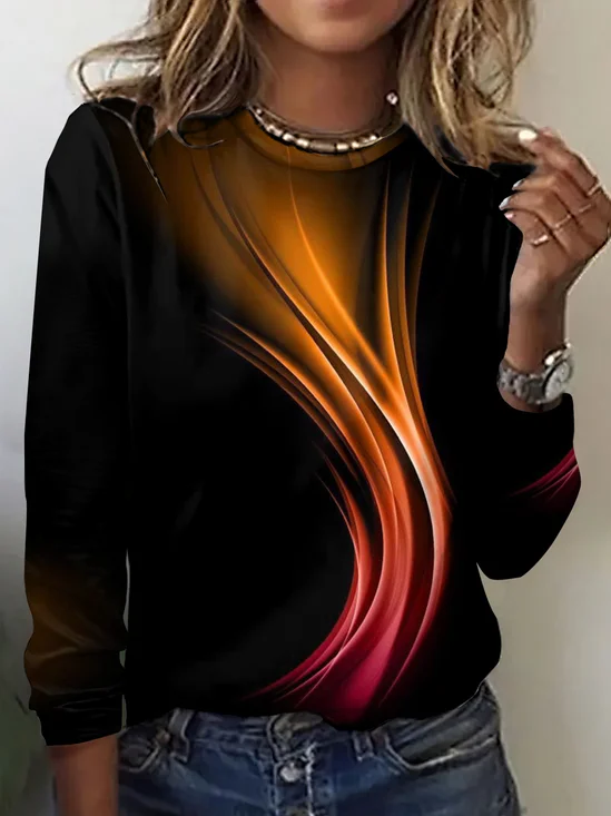 T-shirts Femmes Géométrique Rétro Printemps / Automne Micro-élasticité Quotidien Col Rond Régulier Trapèze Régulier