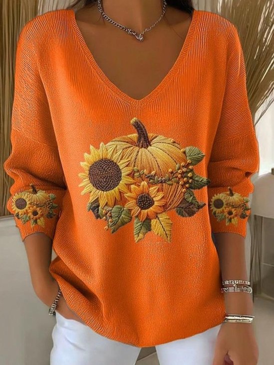 Pulls Femmes Décontracté Printemps / Automne Tournesol Polyester Col V Micro-élasticité Quotidien Manches Longues Trapèze
