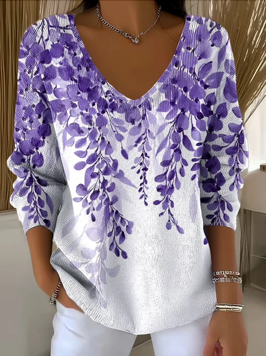 Pulls Décontracté Ombre Printemps / Automne Coton Col V Quotidien Manches Longues Trapèze Régulier pour Femmes