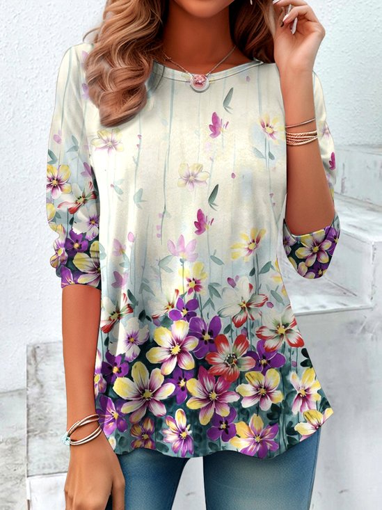 T-shirts Rétro Floral Printemps / Automne Coton Micro-élasticité Col Rond Régulier Trapèze Régulier pour Femmes