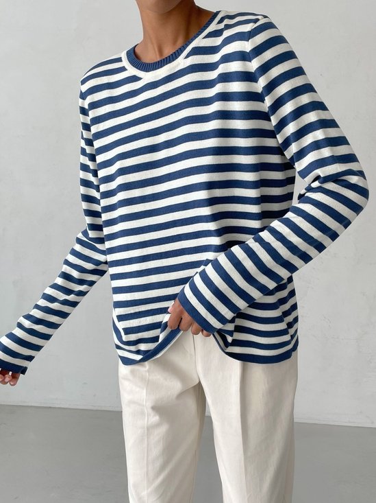 Pulls Rayé Printemps / Automne Basique Laine/Tricot Joint Fendu Micro-élasticité Col Rond Trapèze Régulier pour Femmes