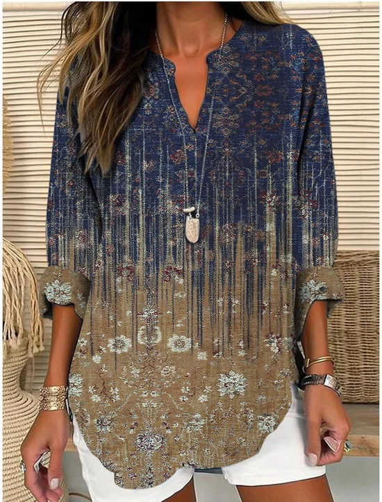 Blouses Femmes Floral Élégant Été Coton Quotidien Ample Col Châle Régulier Droit