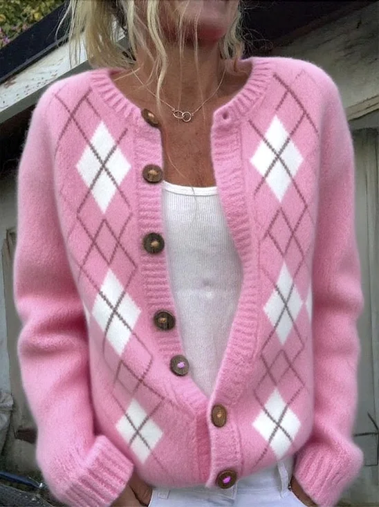 Cardigans Femmes Géométrique Décontracté Printemps / Automne Col Montant Micro-élasticité Ample Laine/Tricot Régulier Régulier